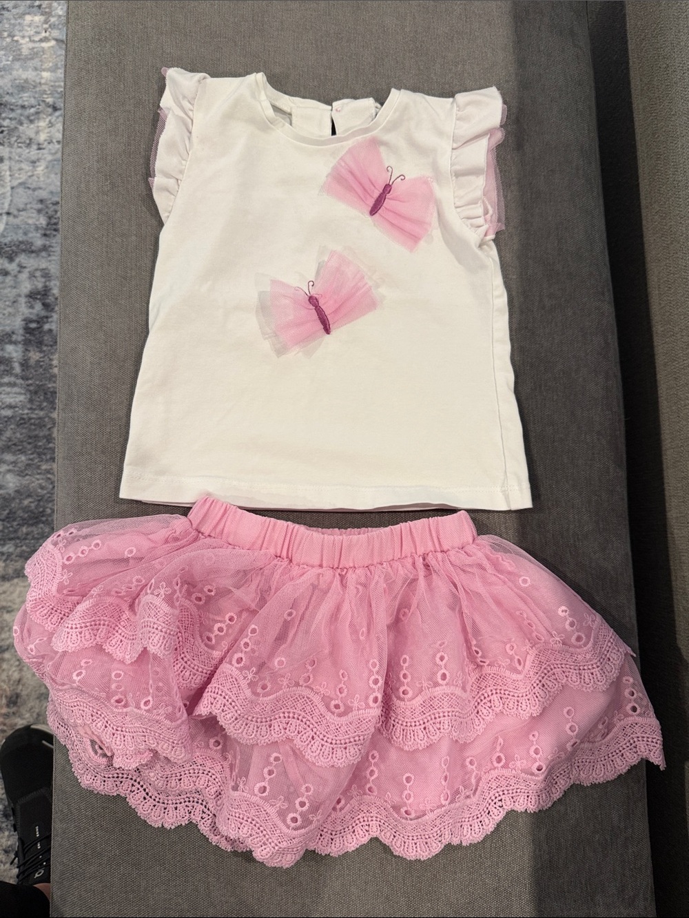 Mayoral Girls White Butterfly Tee & Pink Lace Tutu Skirt, Size 2